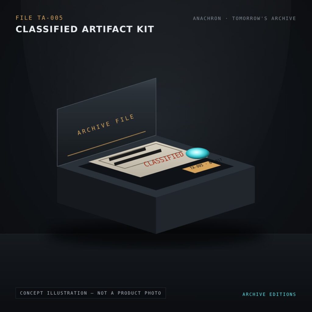 Concept illustration of the Classified Artifact Kit, an Anachron design study. Not a photo of a manufactured product.